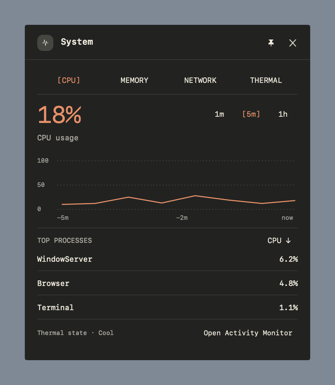 System panel rendered by the native app with sample data